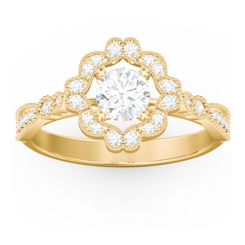 Vintage Solitaire Engagement Ring with Scalloped Halo and Leaf Band – 10K Yellow Gold with Diamond