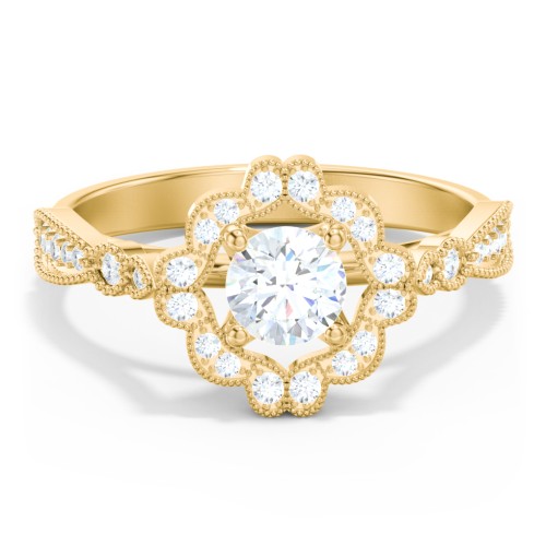 Vintage Solitaire Engagement Ring with Scalloped Halo and Leaf Band – 10K Yellow Gold with Diamond