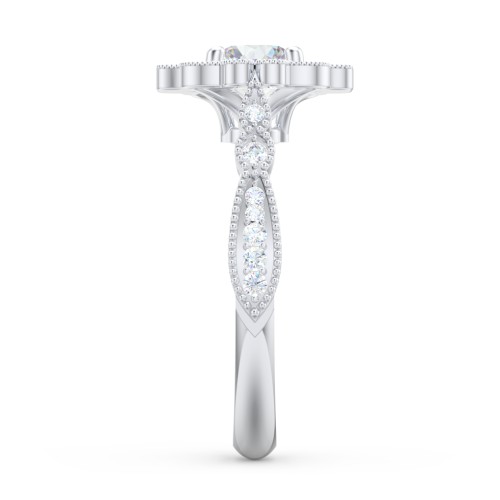 Vintage Solitaire Engagement Ring with Scalloped Halo and Leaf Band – 14K White Gold with Diamond