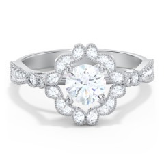 Vintage Solitaire Engagement Ring with Scalloped Halo and Leaf Band – 10K Yellow Gold with Diamond