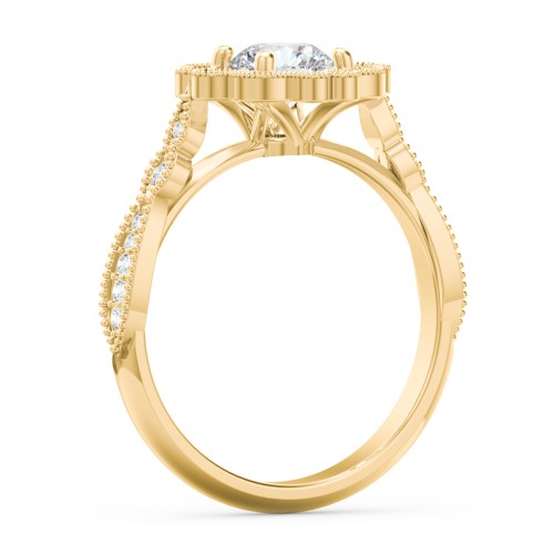 Vintage Solitaire Engagement Ring with Scalloped Halo and Leaf Band – 10K Yellow Gold with Diamond