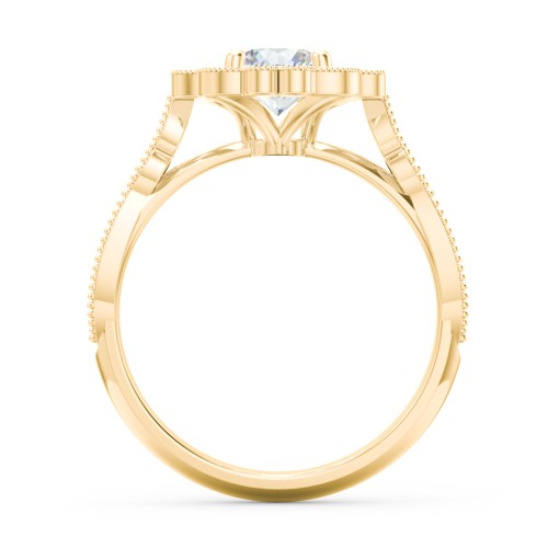 Vintage Solitaire Engagement Ring with Scalloped Halo and Leaf Band – 10K Yellow Gold with Diamond