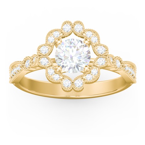 Vintage Solitaire Engagement Ring with Scalloped Halo and Leaf Band – 10K Yellow Gold with Diamond