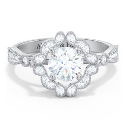 Vintage Solitaire Engagement Ring with Scalloped Halo and Leaf Band