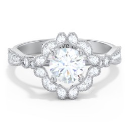 Vintage Solitaire Engagement Ring with Scalloped Halo and Leaf Band