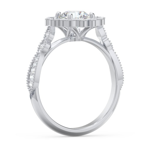 Vintage Solitaire Engagement Ring with Scalloped Halo and Leaf Band – 14K White Gold with Diamond