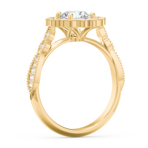 Vintage Solitaire Engagement Ring with Scalloped Halo and Leaf Band – 10K Yellow Gold with Diamond