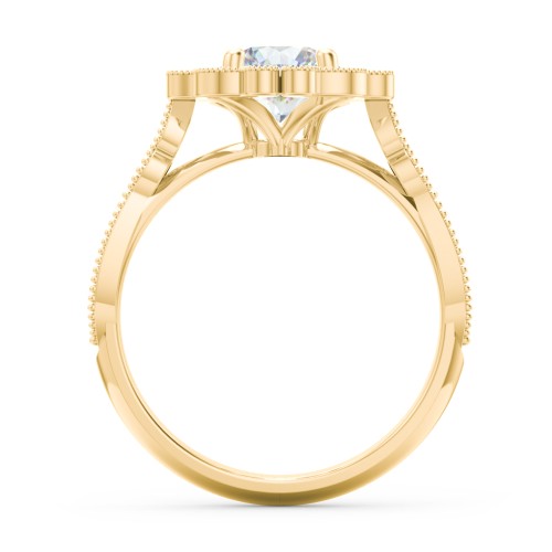 Vintage Solitaire Engagement Ring with Scalloped Halo and Leaf Band – 10K Yellow Gold with Diamond