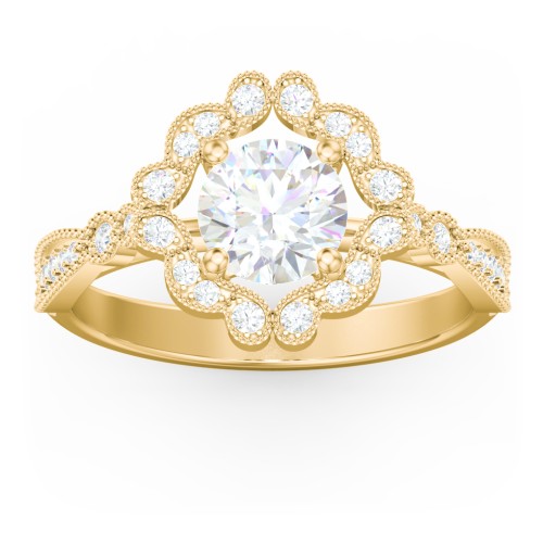 Vintage Solitaire Engagement Ring with Scalloped Halo and Leaf Band – 10K Yellow Gold with Diamond