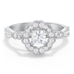 Vintage Solitaire Engagement Ring with Scalloped Halo and Leaf Band