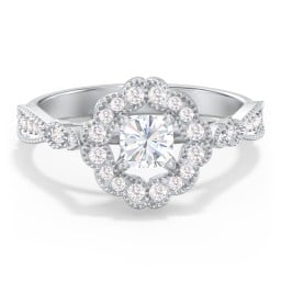 Vintage Solitaire Engagement Ring with Scalloped Halo and Leaf Band