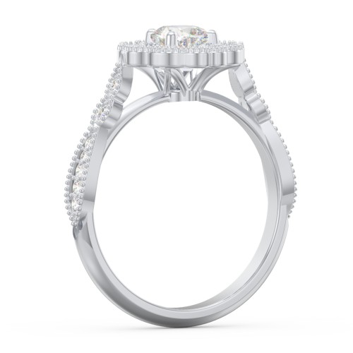 Vintage Solitaire Engagement Ring with Scalloped Halo and Leaf Band – 14K White Gold with Diamond