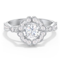 Vintage Solitaire Engagement Ring with Scalloped Halo and Leaf Band