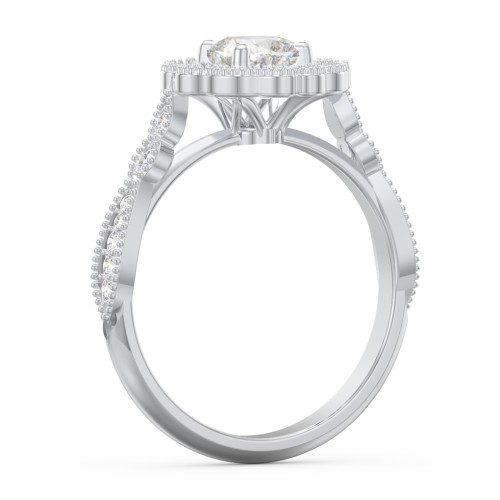 Vintage Solitaire Engagement Ring with Scalloped Halo and Leaf Band – 14K White Gold with Diamond