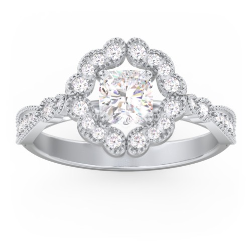 Vintage Solitaire Engagement Ring with Scalloped Halo and Leaf Band – 14K White Gold with Diamond