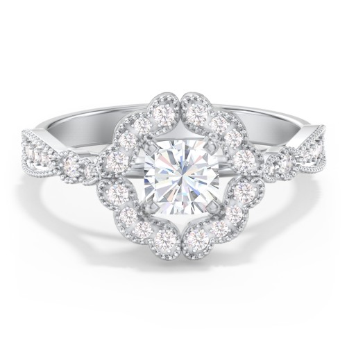 Vintage Solitaire Engagement Ring with Scalloped Halo and Leaf Band – 14K White Gold with Diamond