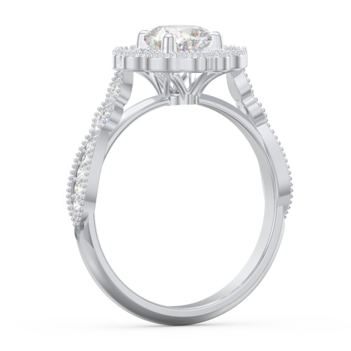 Vintage Solitaire Engagement Ring with Scalloped Halo and Leaf Band – 14K White Gold with Diamond