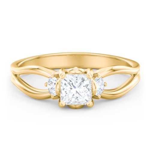 3 Stone Diamond Engagement Ring with Split Shank and Peek-A-Boo Accents – 10K Yellow Gold with Diamond