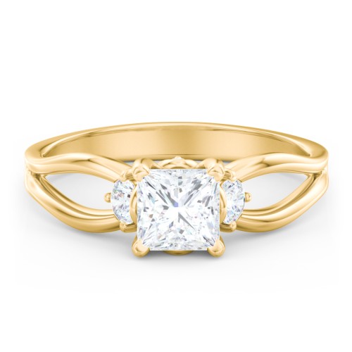 3 Stone Diamond Engagement Ring with Split Shank and Peek-A-Boo Accents – 10K Yellow Gold with Diamond