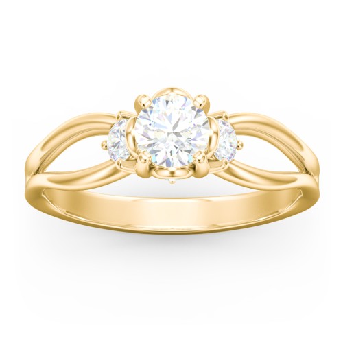 3 Stone Diamond Engagement Ring with Split Shank and Peek-A-Boo Accents – 10K Yellow Gold with Diamond