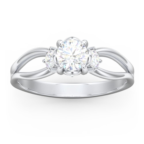 3 Stone Diamond Engagement Ring with Split Shank and Peek-A-Boo Accents – 14K White Gold with Diamond
