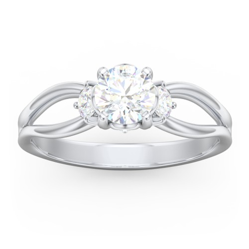 3 Stone Diamond Engagement Ring with Split Shank and Peek-A-Boo Accents – 14K White Gold with Diamond