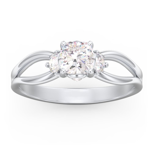 3 Stone Diamond Engagement Ring with Split Shank and Peek-A-Boo Accents – 14K White Gold with Diamond