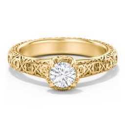 Diamond Solitaire Ring with Pierced Hollow Band in 10K Solid Yellow Gold