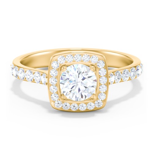 Diamond Solitaire Engagement Ring with Cushion Halo and Accents – 10K Yellow Gold with Diamond