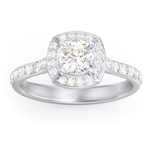 Diamond Solitaire Engagement Ring with Cushion Halo and Accents – 14K White Gold with Diamond
