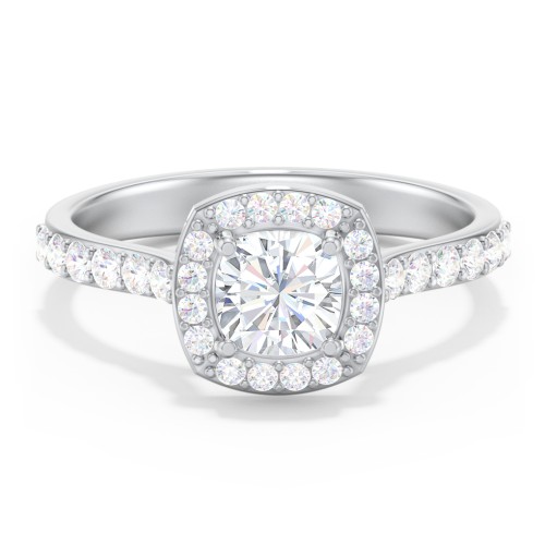 Diamond Solitaire Engagement Ring with Cushion Halo and Accents – 14K White Gold with Diamond