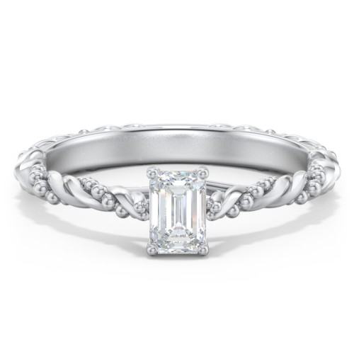 Vintage Solitaire Engagement Ring with Beaded Twisted Rope Band – 14K White Gold