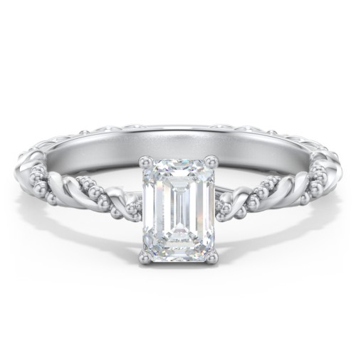 Vintage Solitaire Engagement Ring with Beaded Twisted Rope Band – 14K White Gold