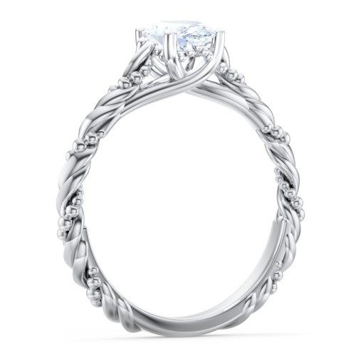Vintage Solitaire Engagement Ring with Beaded Twisted Rope Band – 14K White Gold