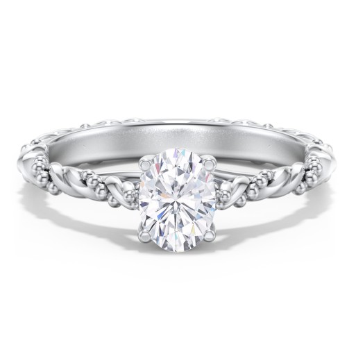 Vintage Solitaire Engagement Ring with Beaded Twisted Rope Band – 14K White Gold