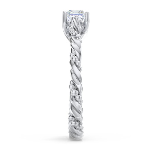 Vintage Solitaire Engagement Ring with Beaded Twisted Rope Band – 14K White Gold