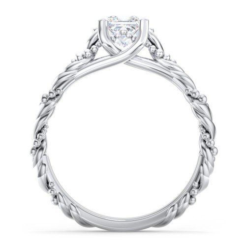 Vintage Solitaire Engagement Ring with Beaded Twisted Rope Band – 14K White Gold