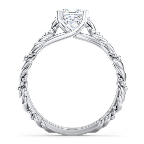 Vintage Solitaire Engagement Ring with Beaded Twisted Rope Band – 14K White Gold