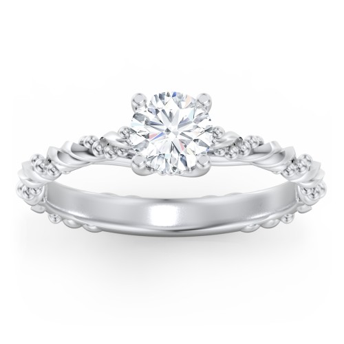 Vintage Solitaire Engagement Ring with Beaded Twisted Rope Band – 14K White Gold