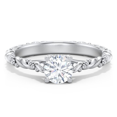 Vintage Solitaire Engagement Ring with Beaded Twisted Rope Band – 14K White Gold