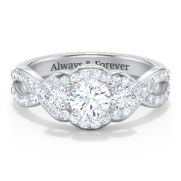 Halo 3-Stone Diamond Engagement Ring with Accented Twisted Band
