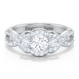 Halo 3-Stone Diamond Engagement Ring with Accented Twisted Band