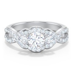Halo 3-Stone Diamond Engagement Ring with Accented Twisted Band – 14K White Gold with Lab Diamond