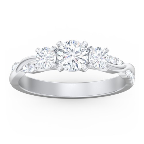 3-Stone Diamond Engagement Ring with Twisted Band and Accents – 14K White Gold with Lab Diamond