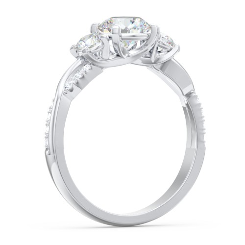 3-Stone Diamond Engagement Ring with Twisted Band and Accents – 14K White Gold with Lab Diamond