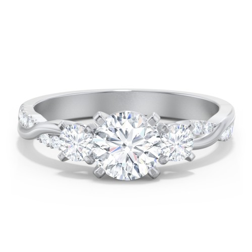3-Stone Diamond Engagement Ring with Twisted Band and Accents – 14K White Gold with Lab Diamond
