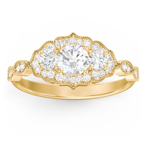 Vintage 3 Stone Engagement Ring with Accents – 10K Yellow Gold with Diamond