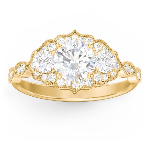 Vintage 3 Stone Engagement Ring with Accents – 10K Yellow Gold with Diamond
