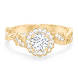 Leaf & Vine Halo Solitaire Engagement Ring in 10K Solid Yellow Gold