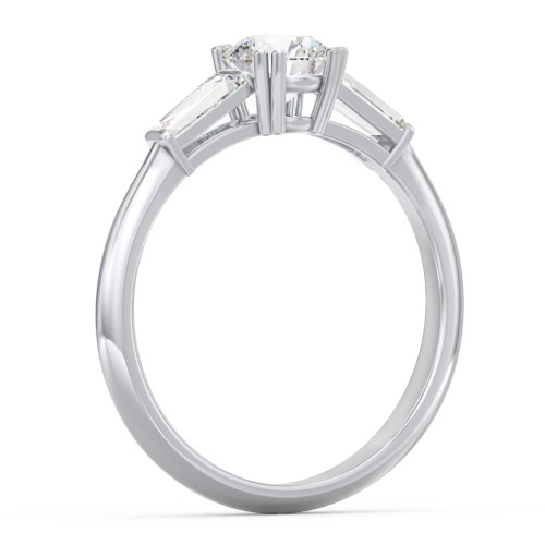 3 Stone Engagement Ring with Tapered Baguettes – 14K White Gold with Diamond